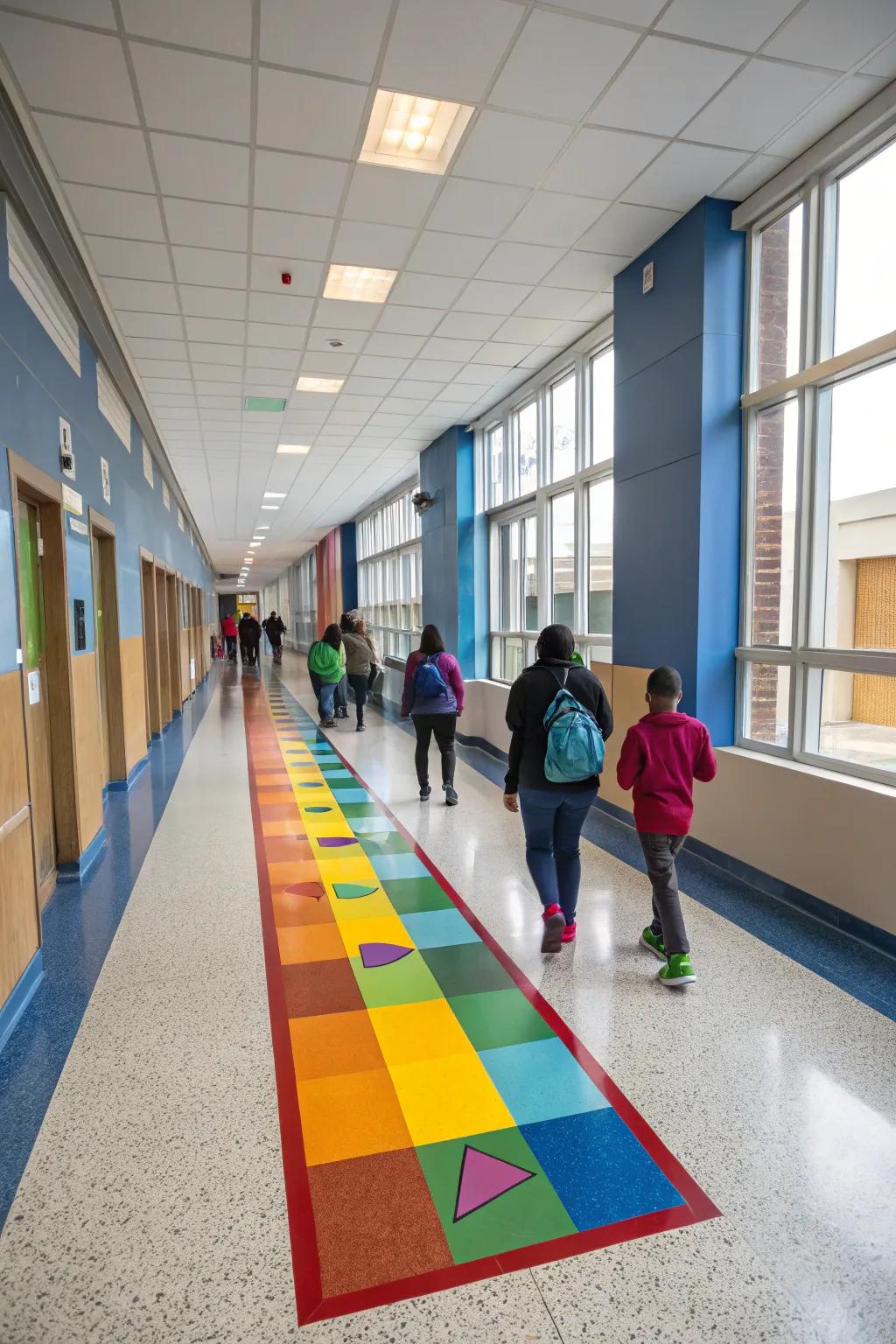 A colorful sensory path in a school lobby, enhancing student engagement.