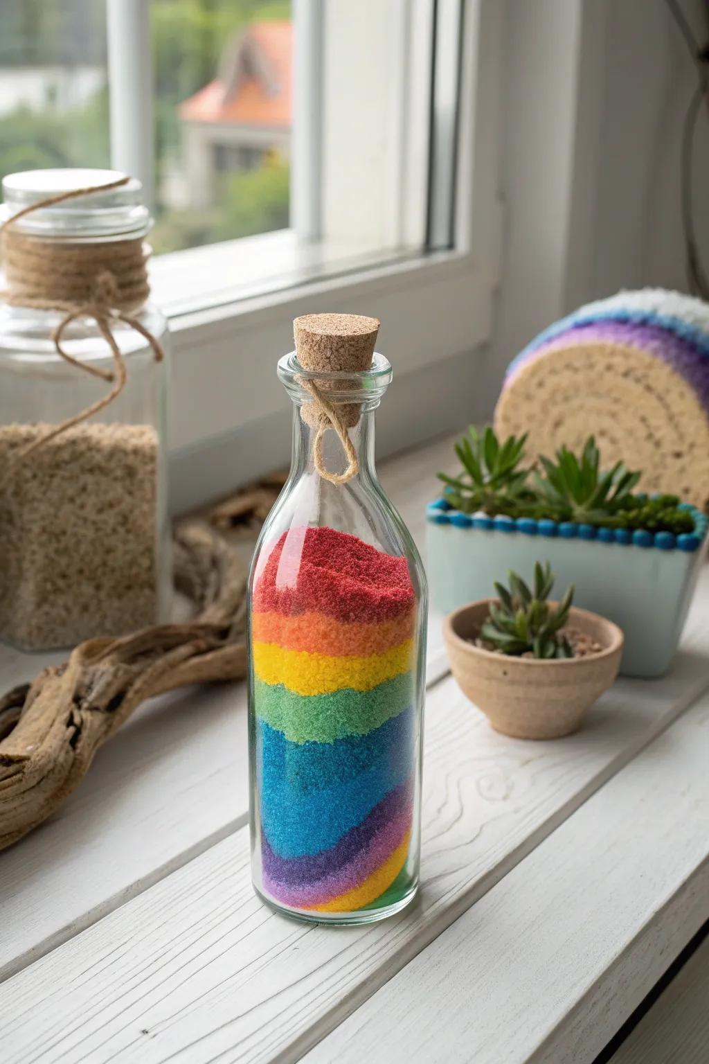 Embrace the vibrant beauty of a rainbow captured in a bottle – a perfect blend of simplicity and boldness for your mindful moments.