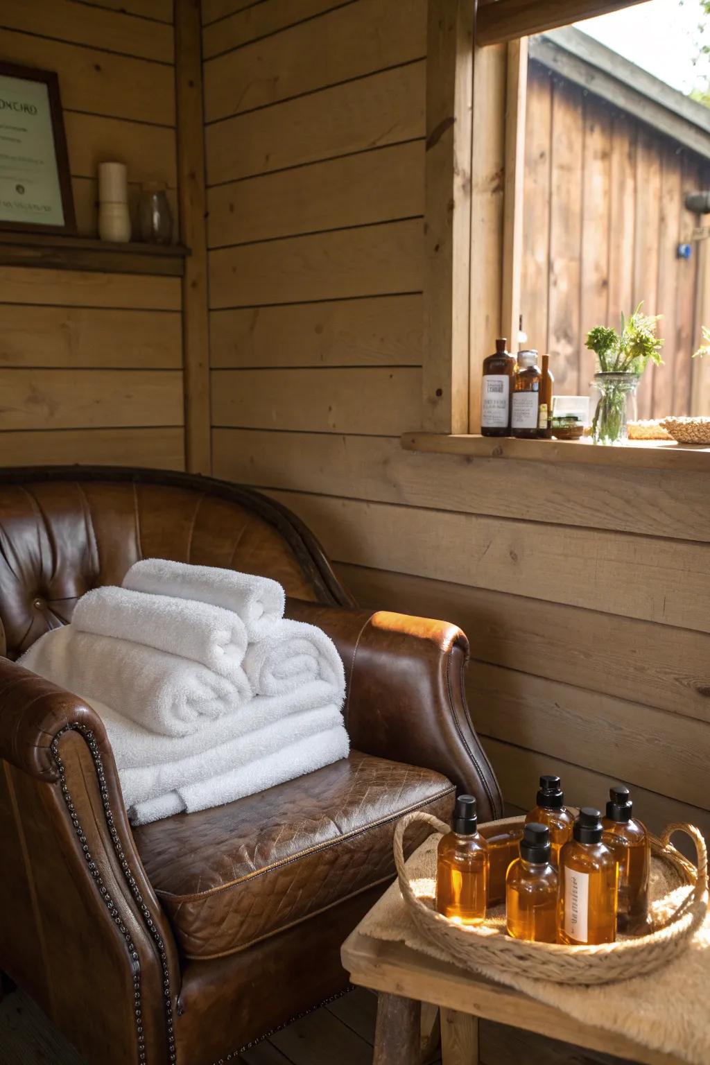 Transform your shed into a haven of relaxation with this spa sanctuary setup.