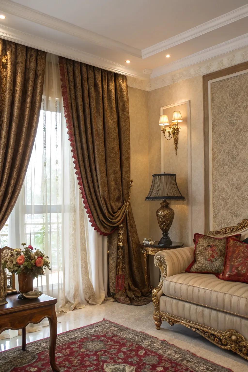 Textured short curtains adding depth and interest.