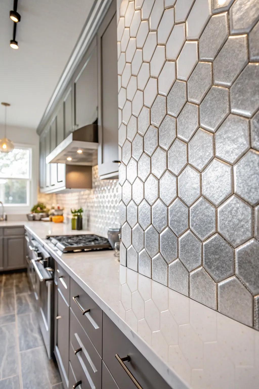 A kitchen with a unique geometric design using hexagonal silver tiles.