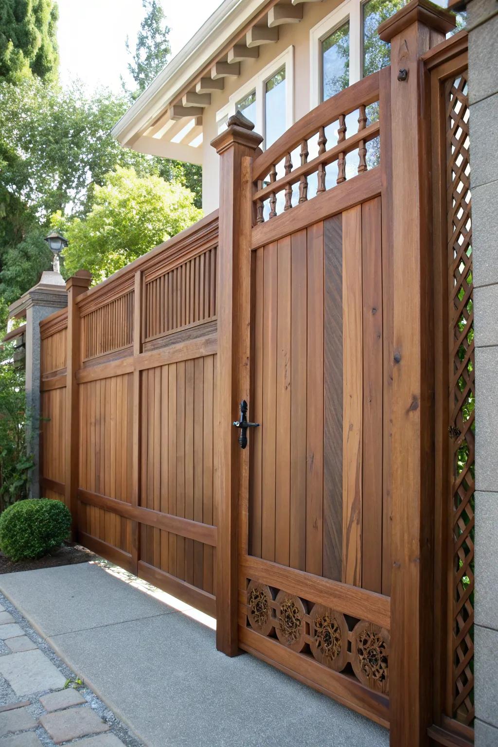 Elevate your privacy with an elegantly crafted tall wooden gate.