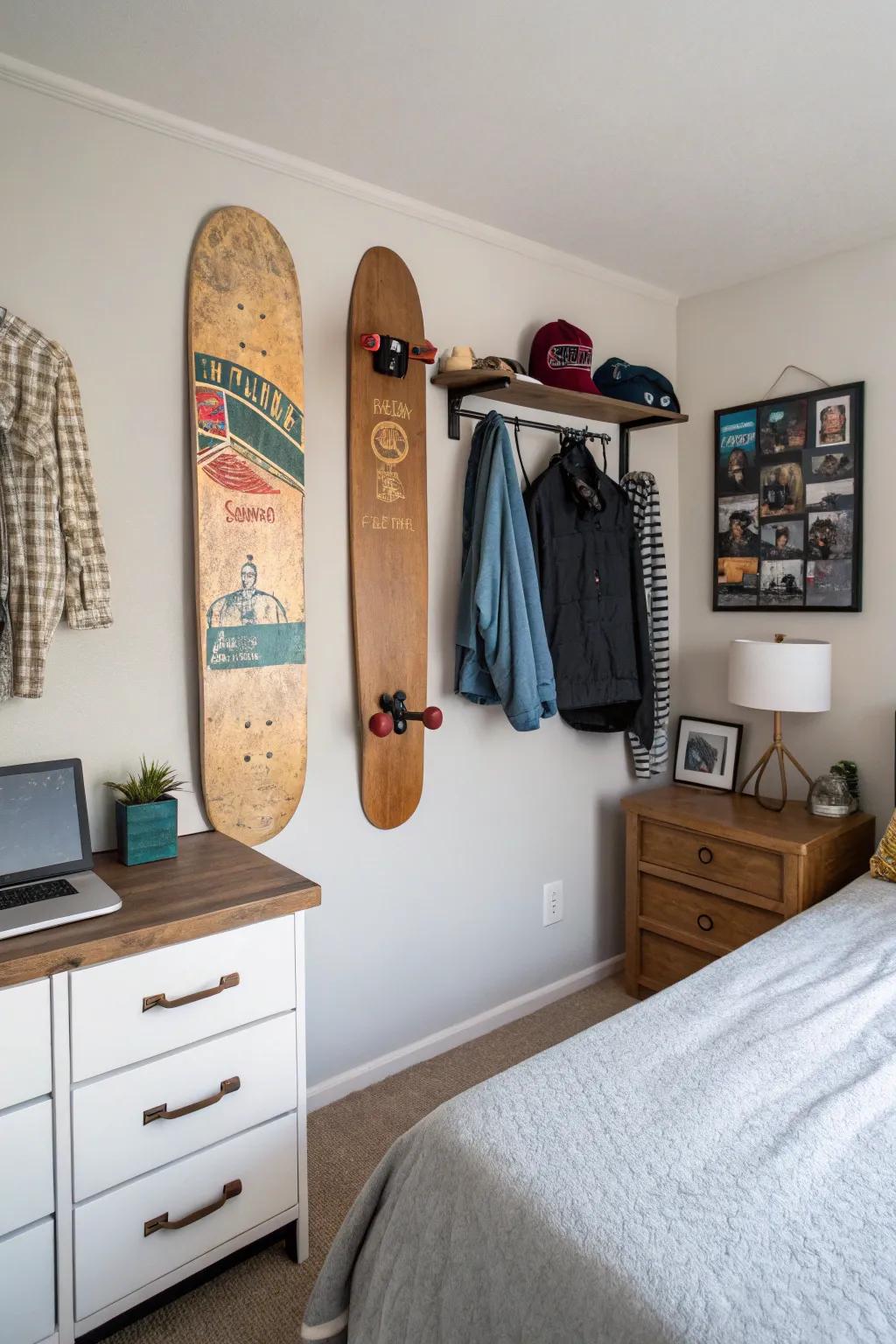 Skateboard decks creatively repurposed into wall hooks.