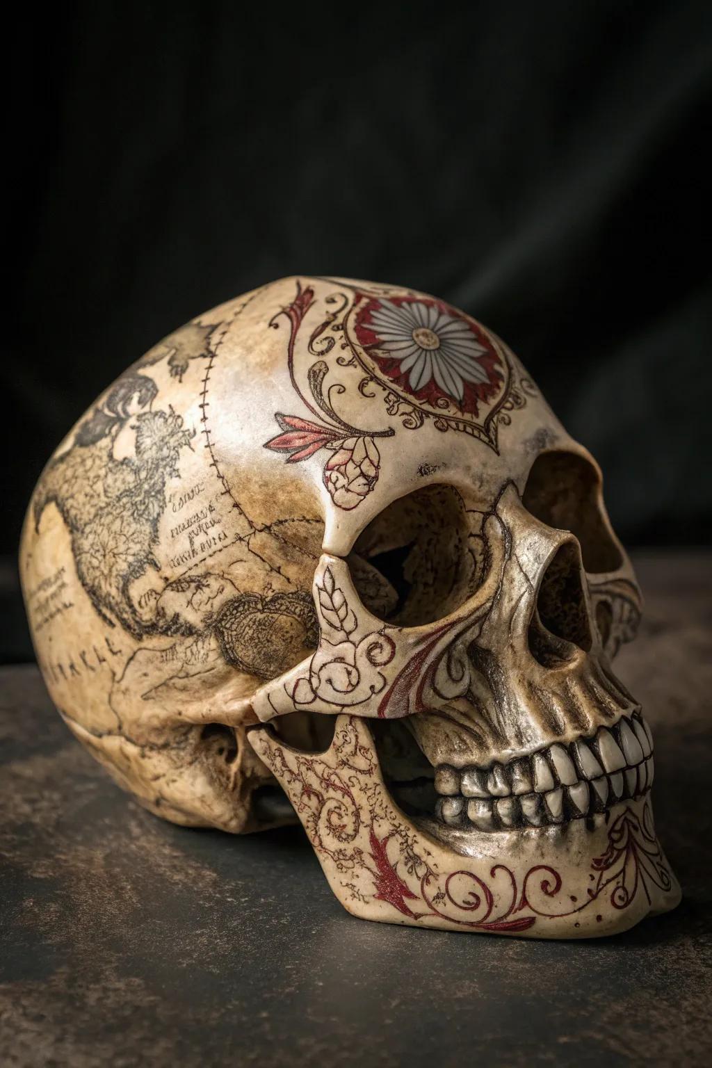 Discover the allure of vintage artistry with this intricately painted skull, a masterpiece of nostalgia and craftsmanship.