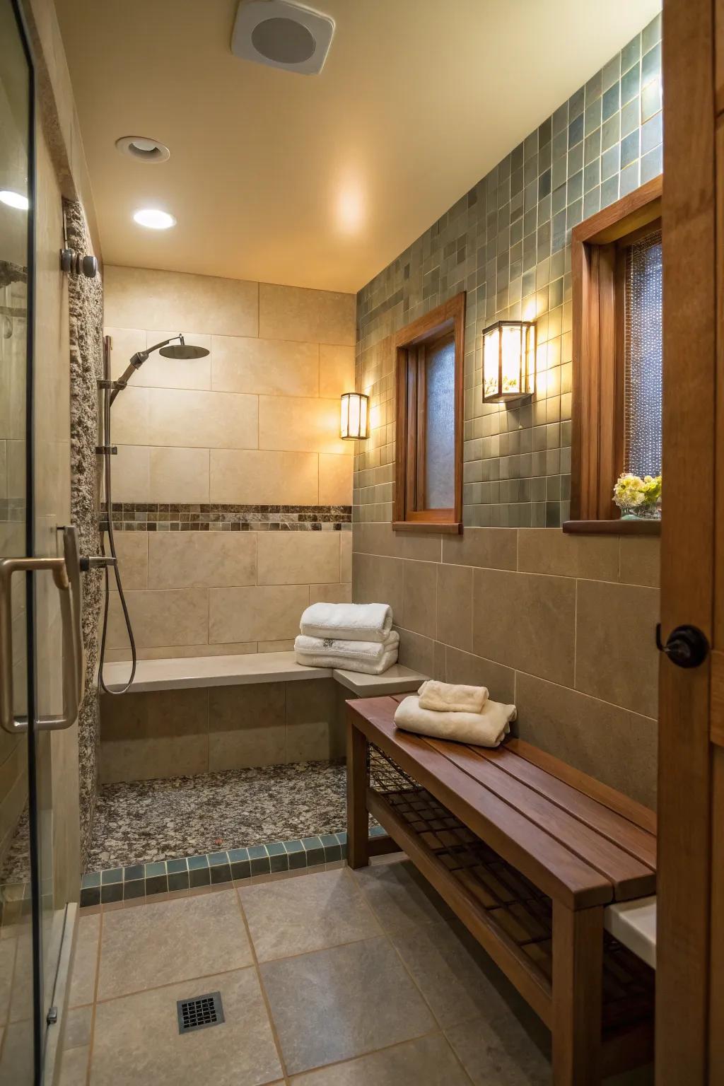 A shower bench adds comfort and a touch of luxury to small bathrooms.