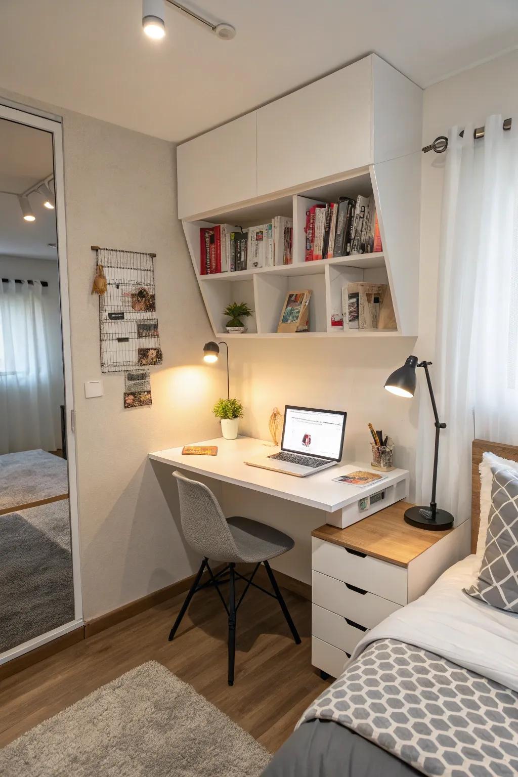 A fold-down desk keeps your bedroom open and clutter-free.
