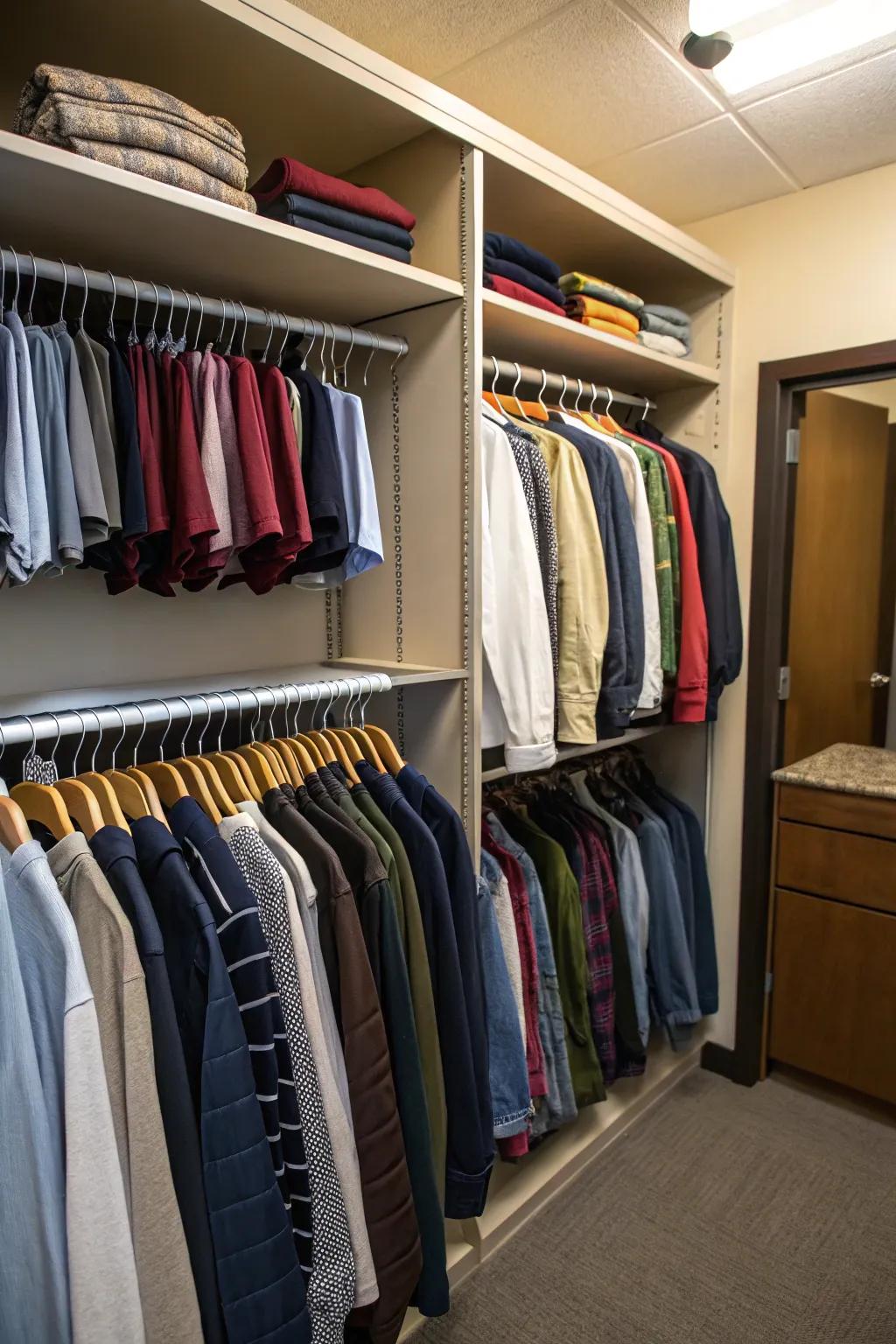 Velvet hangers save space and keep clothes in place.