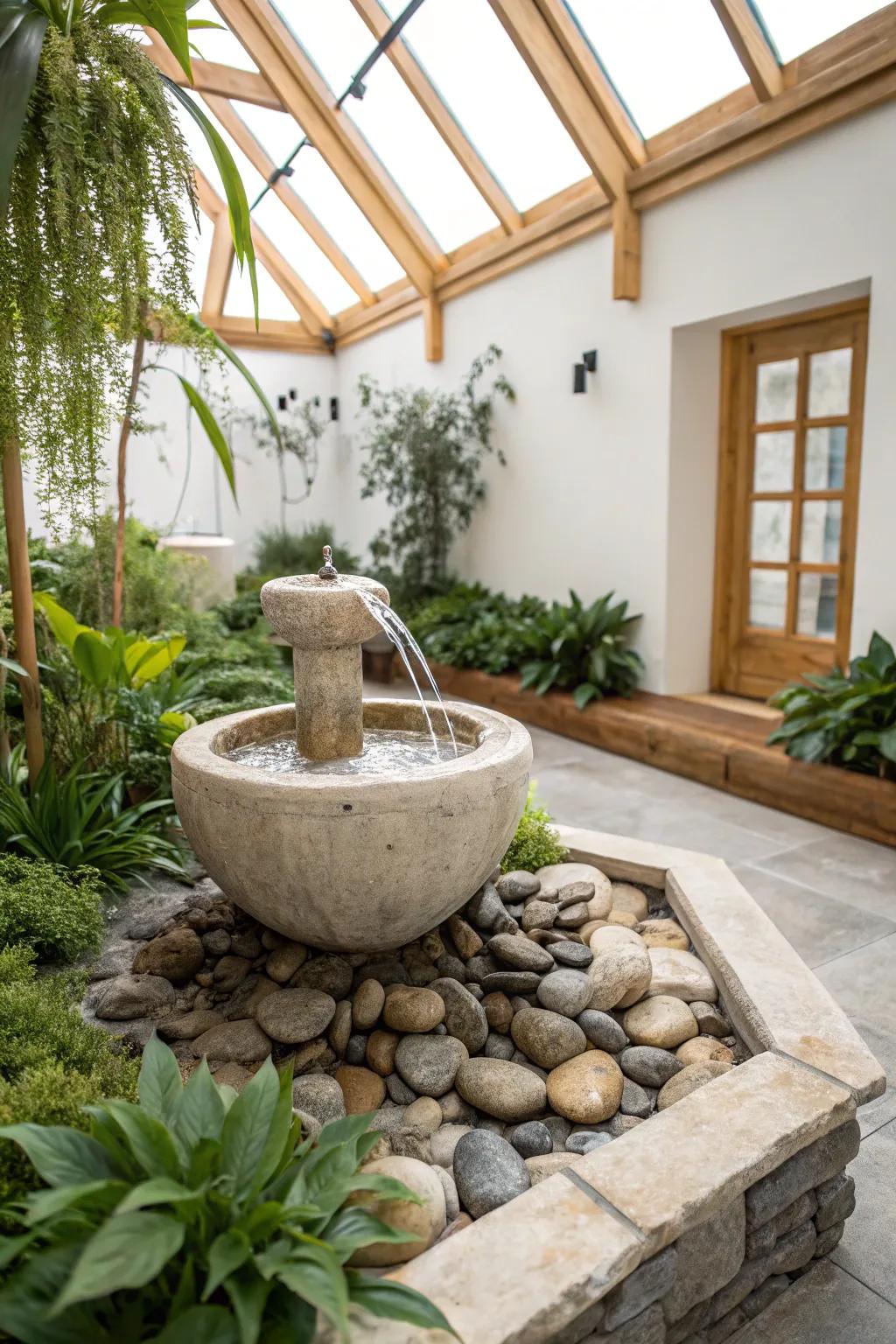 Transform your small greenhouse into a serene escape with a minimalist water feature that merges nature and craftsmanship.