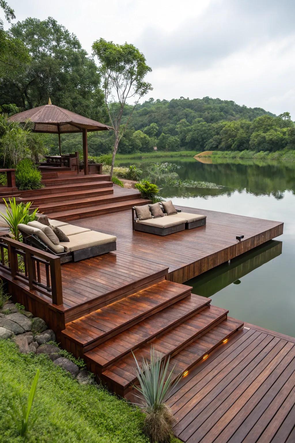 Elevate your relaxation with a multi-level dock design, where craftsmanship meets tranquility.