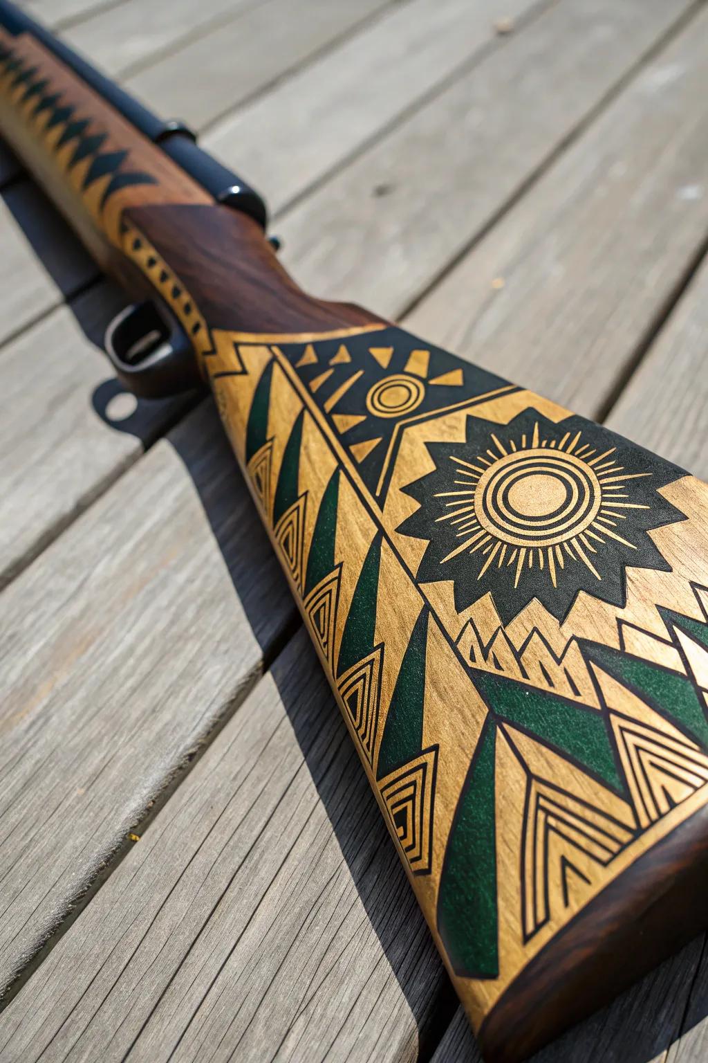Elevate your rifle stock with bold Art Deco patterns for a touch of elegance and craftsmanship.