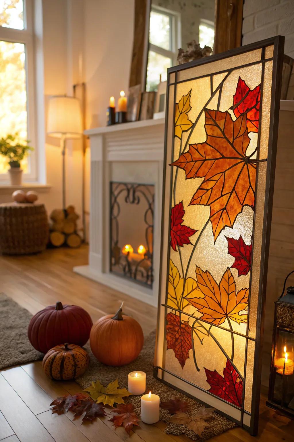 Seasonal stained glass reflecting their wedding season.