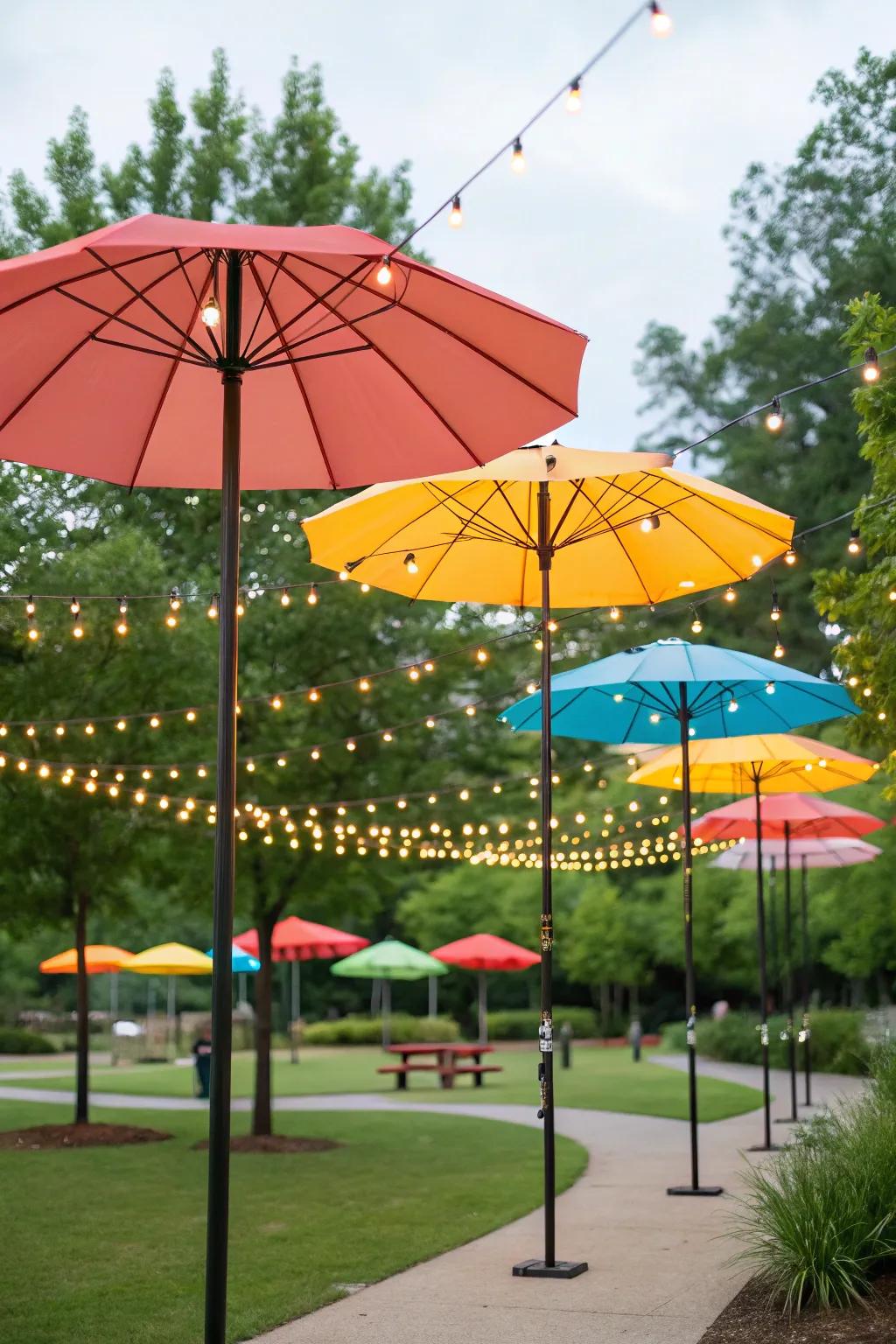 Umbrella stands provide a flexible base for your string light poles.