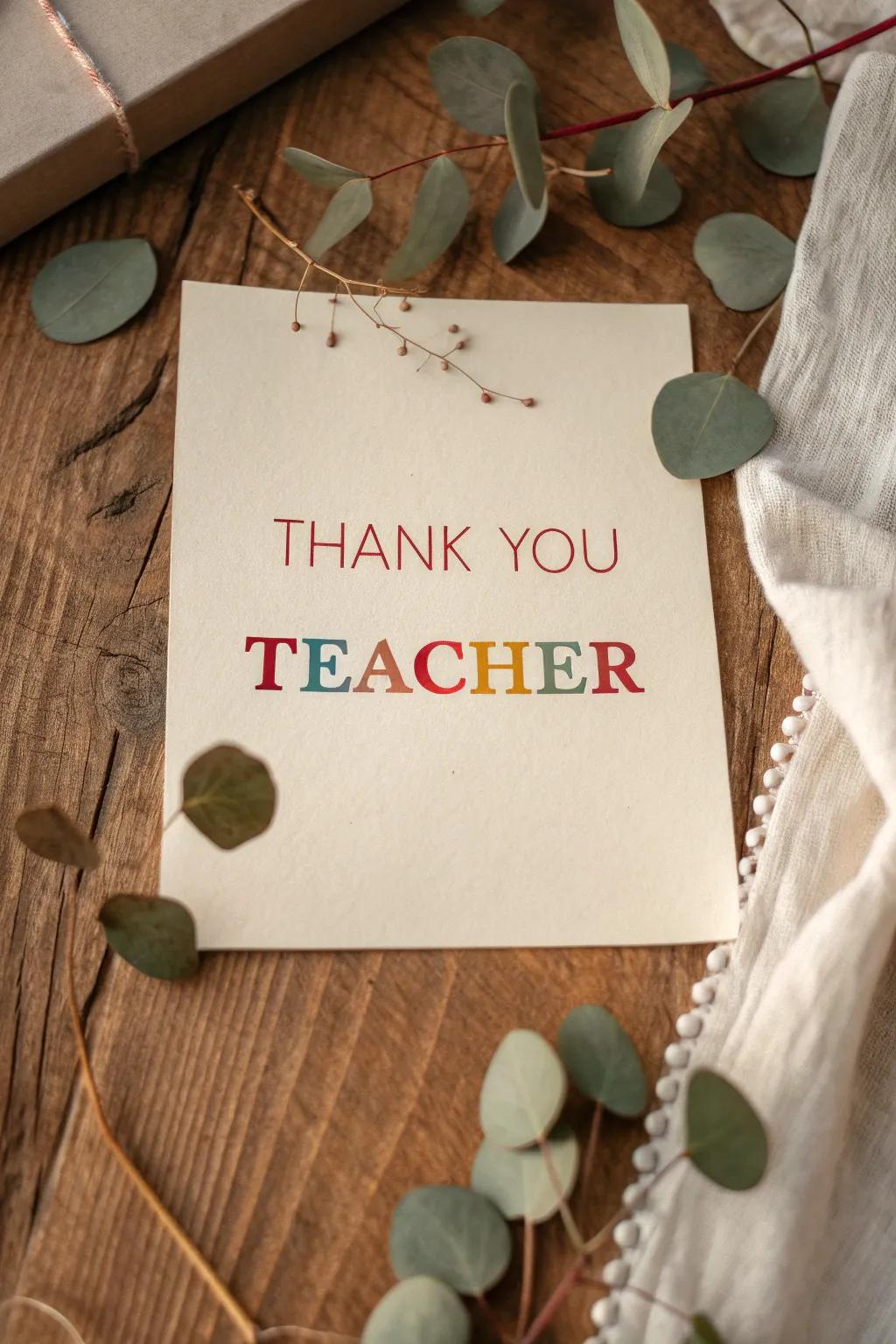 Express gratitude beautifully with an acrostic poem card—where each letter of your teacher's name speaks a word of thanks.
