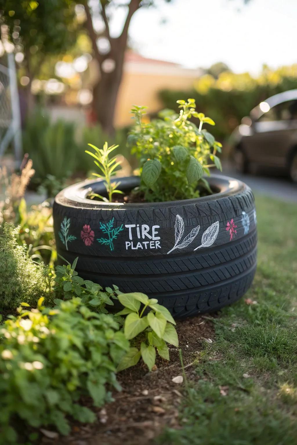 Transform your garden with personalized chalkboard tire planters.