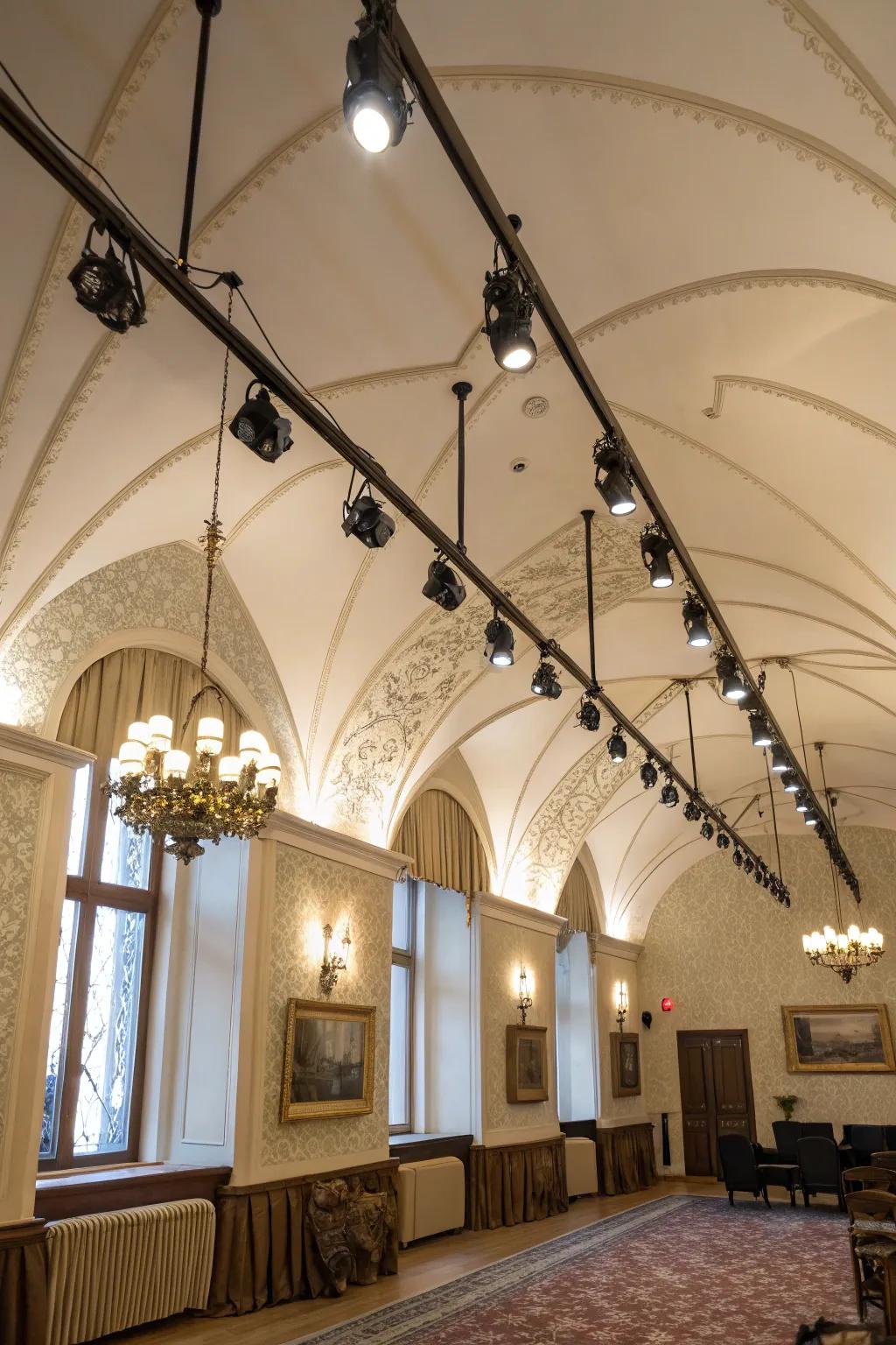 Track lighting highlights and accentuates unique architectural details.