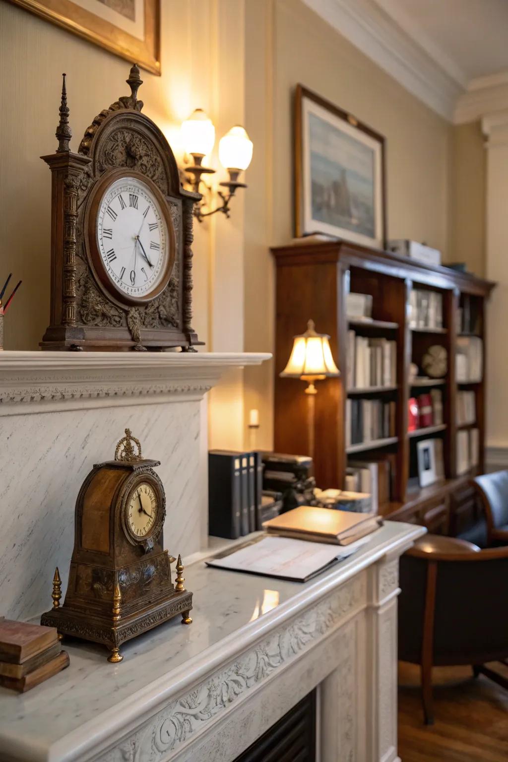 An antique clock adds timeless charm and sophistication.