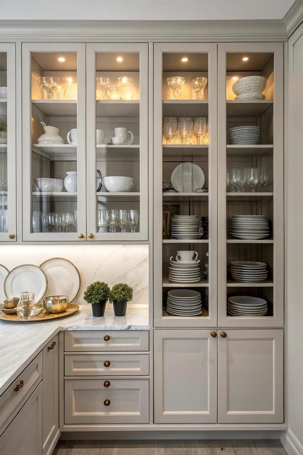 Glass doors add an airy elegance to this kitchen.