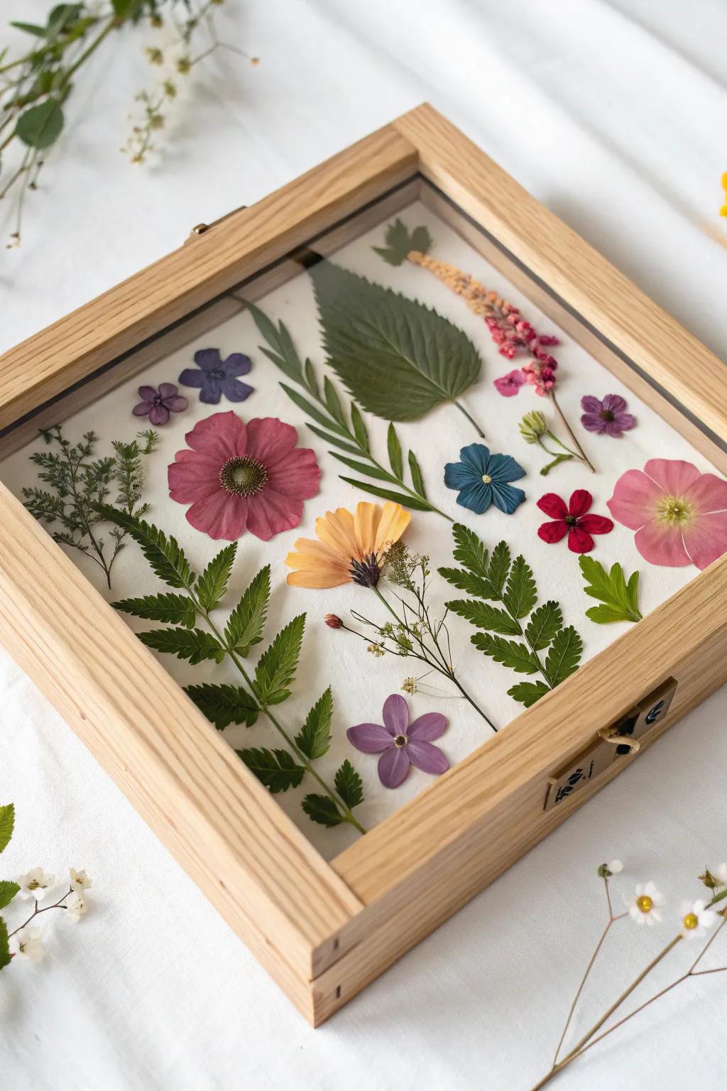Capture your journey in nature's vibrant hues with a stunning pressed flower shadow box.
