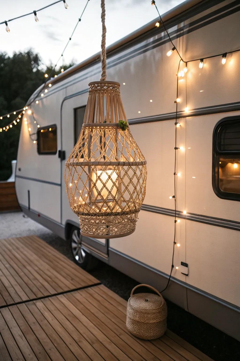 Illuminate your RV deck with enchanting boho lanterns for a cozy escape under the stars.