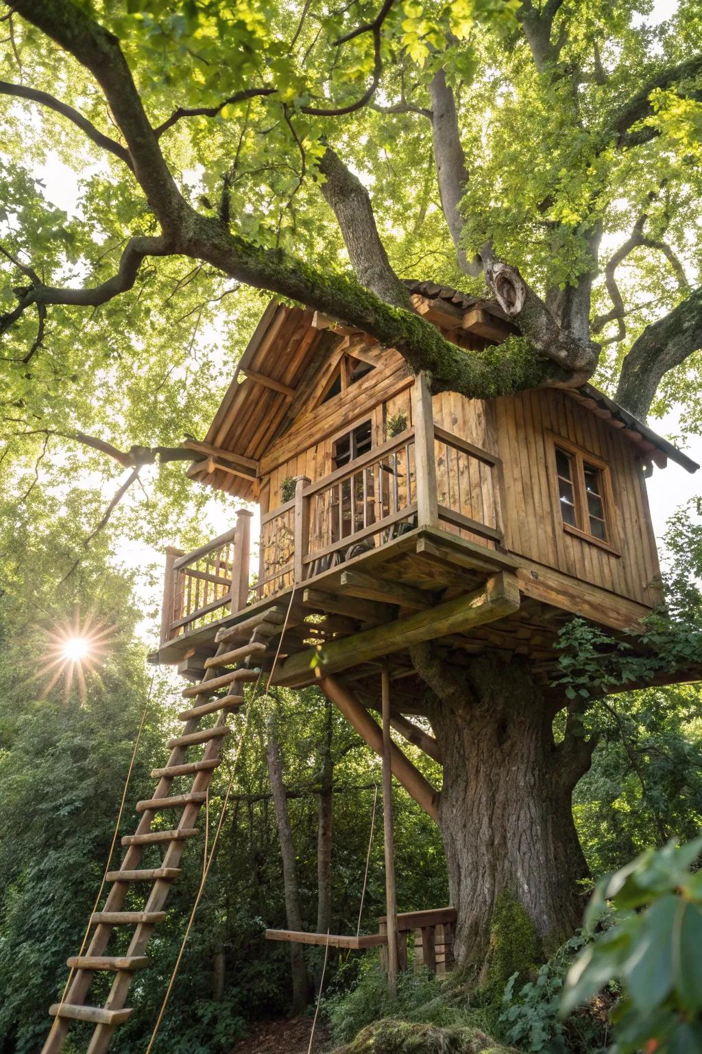 Experience the beauty of nature with this masterfully crafted treehouse, where adventure meets tranquility.