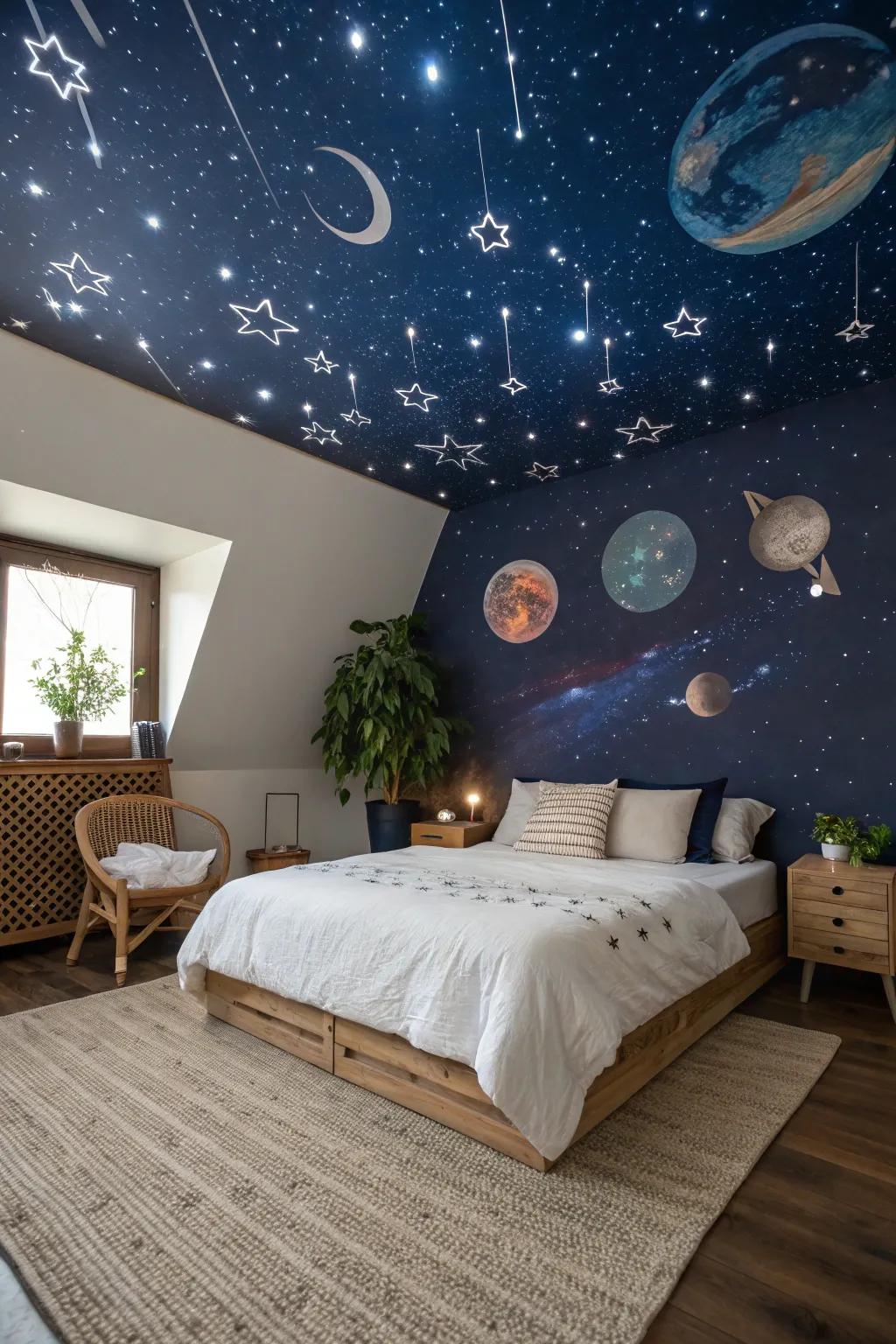 Sleep under the stars with this cosmic ceiling art—your own celestial sanctuary!