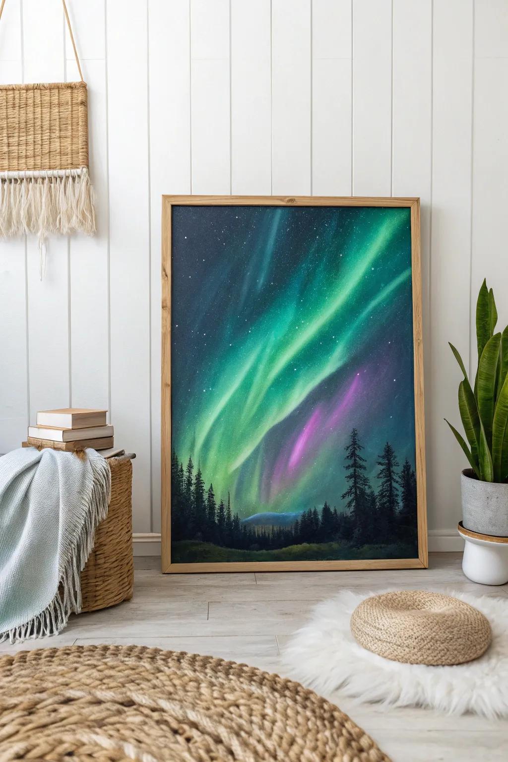 Bring the magic of the Northern Lights indoors with this stunning trippy painting. Perfect for adding a splash of color and wonder to your minimalist space.