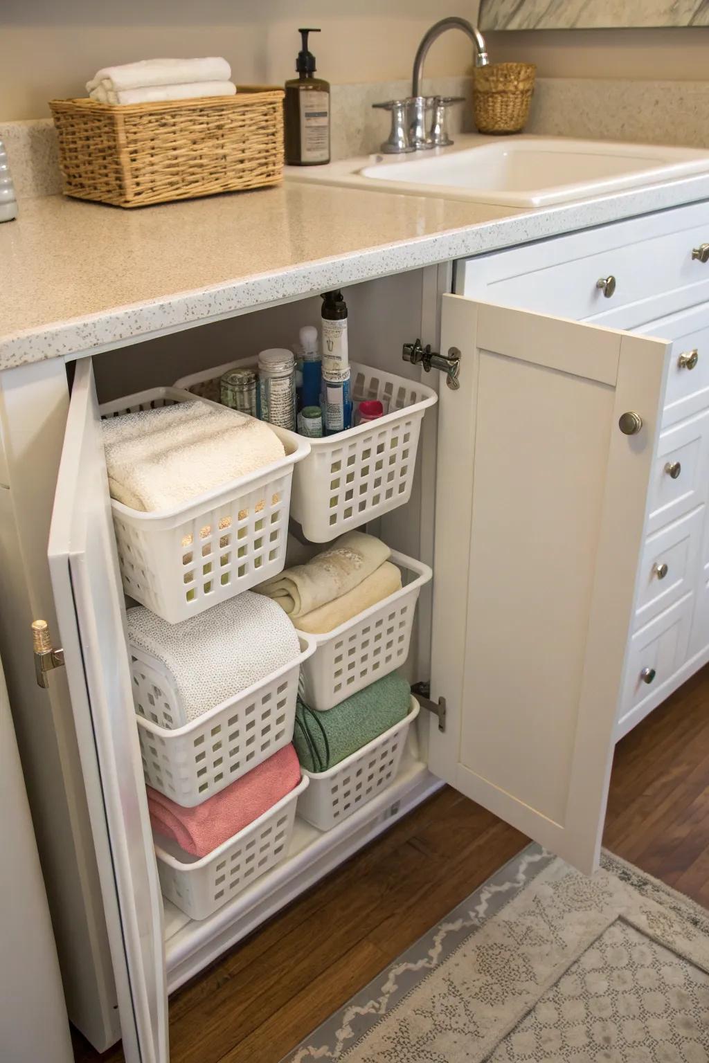 Over-the-door baskets provide additional storage options.