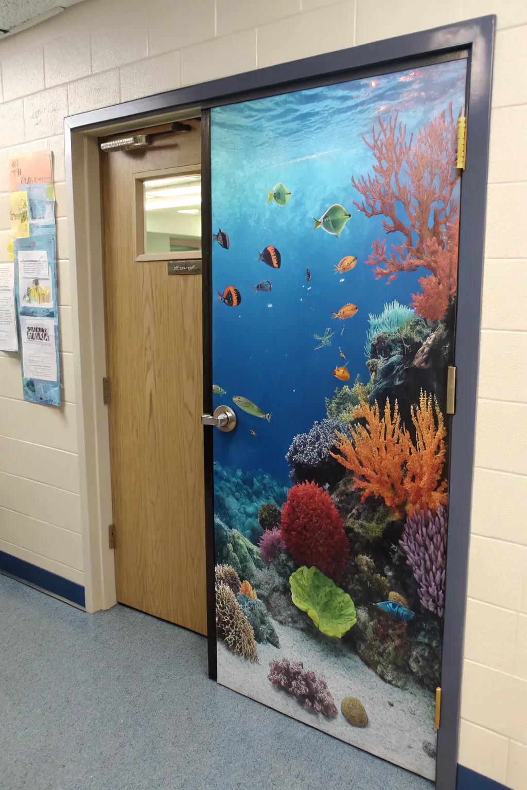 A detailed coral reef mural transforms the door into an ocean landscape.