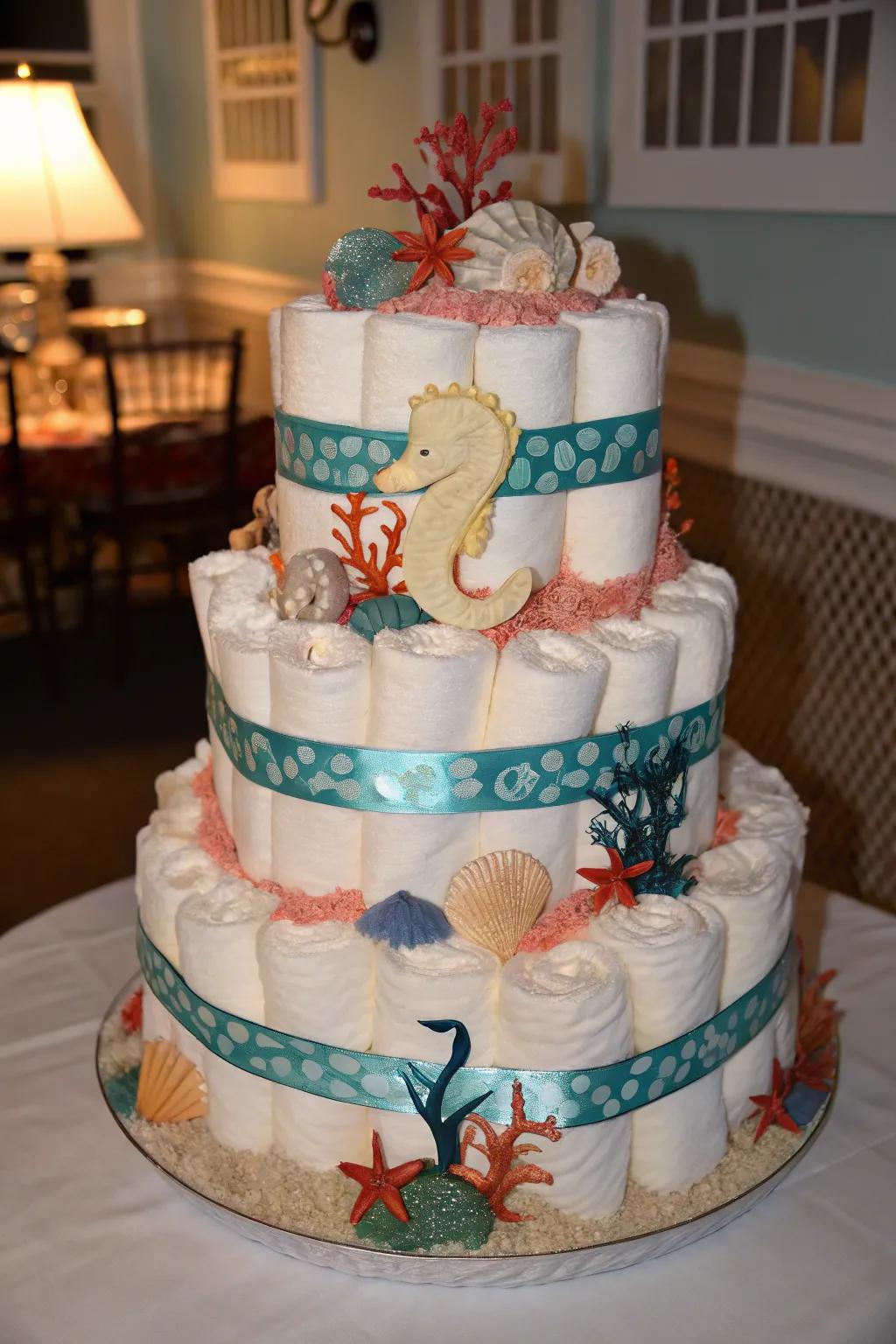 Dive into creativity with this 'Under the Sea' diaper cake, perfect for making waves at any baby shower!