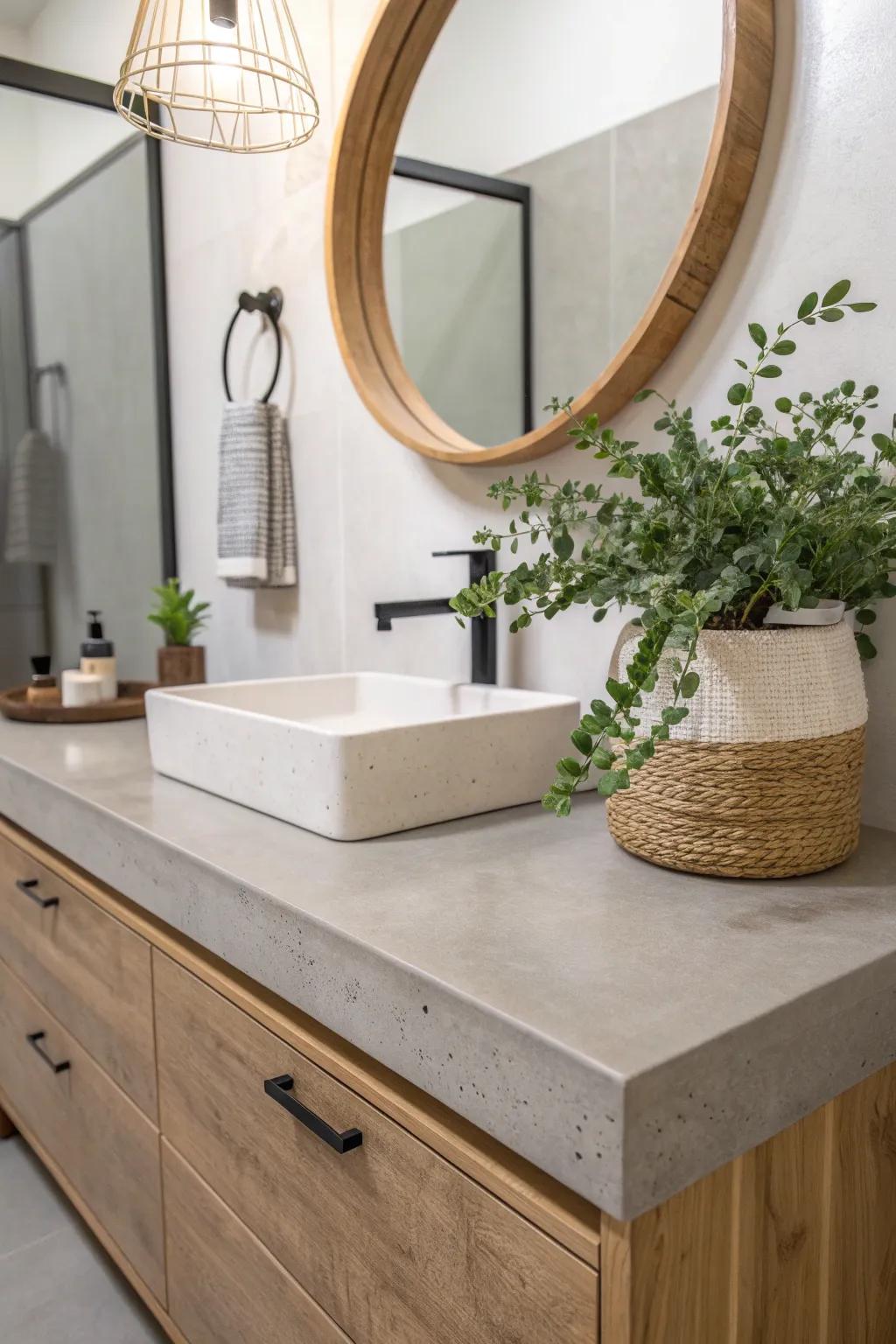 Embrace industrial elegance with a handcrafted concrete countertop for your bathroom oasis.