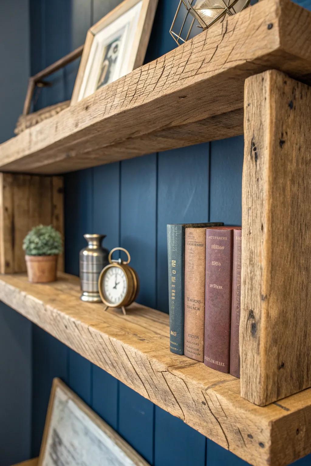 Elevate your space with the timeless charm of reclaimed wood shelves.