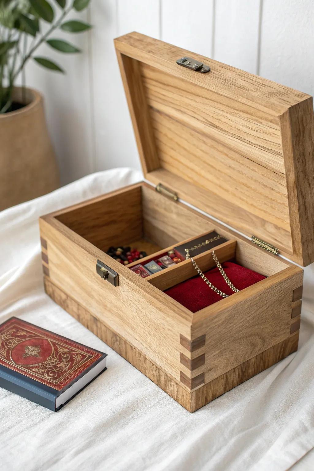 Unlock the mystery with this elegantly crafted wooden box, featuring a hidden compartment for your cherished secrets.