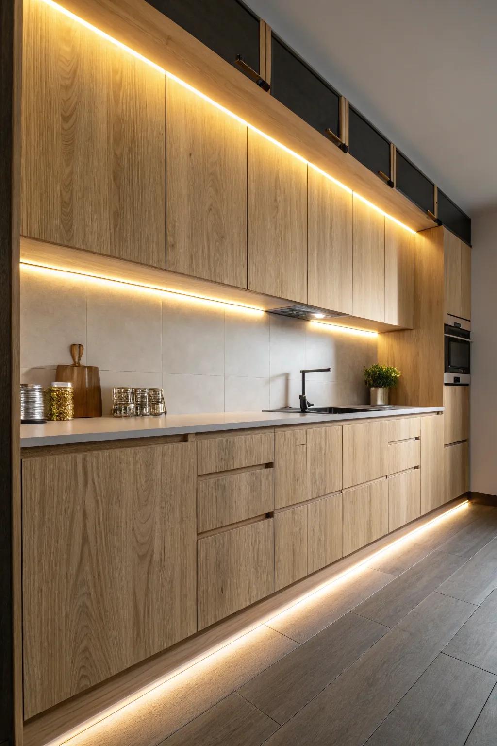 Illuminate your kitchen with stylish LED strip lighting for a cozy, minimalist touch.