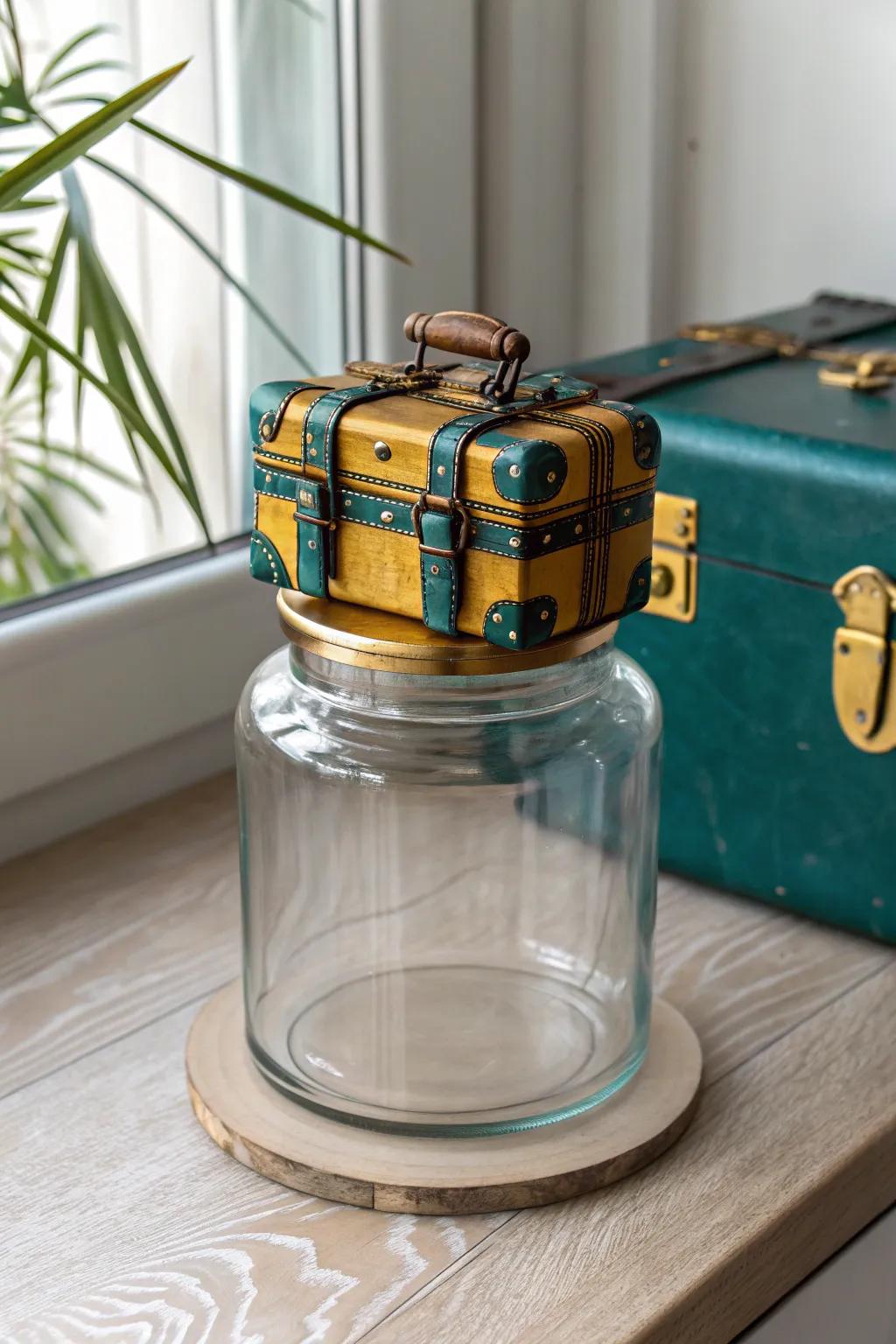 Pack your dreams in style: A chic vacation fund jar with a tiny suitcase touch!