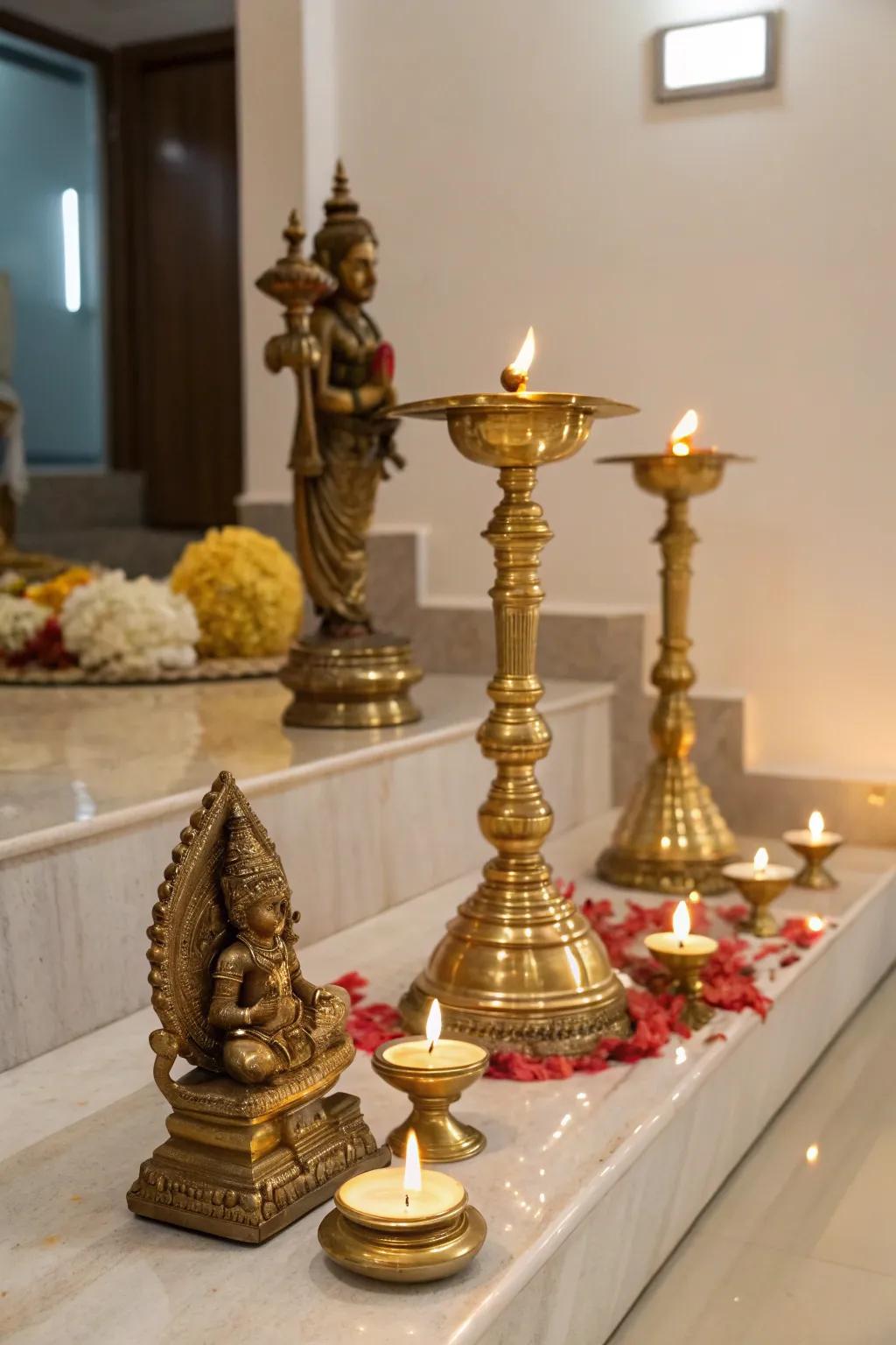 Brass elements adding rich elegance to the Varalakshmi Vratam decor.