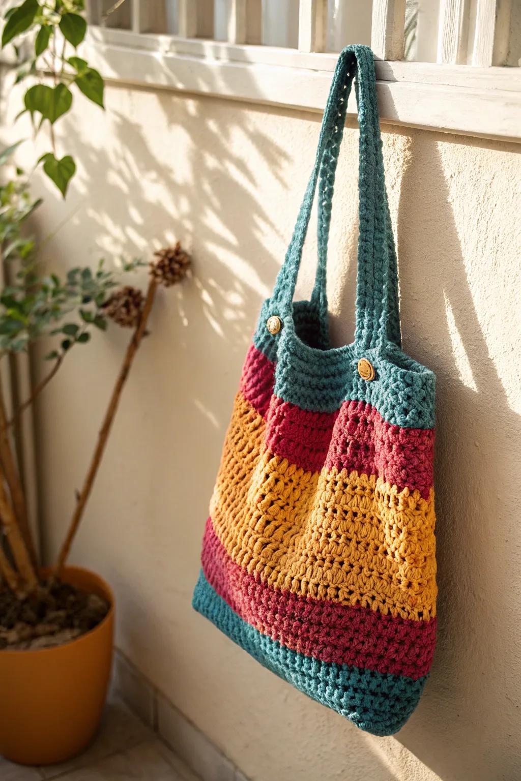 Carry a masterpiece: this variegated yarn crochet tote blends artistry with functionality.