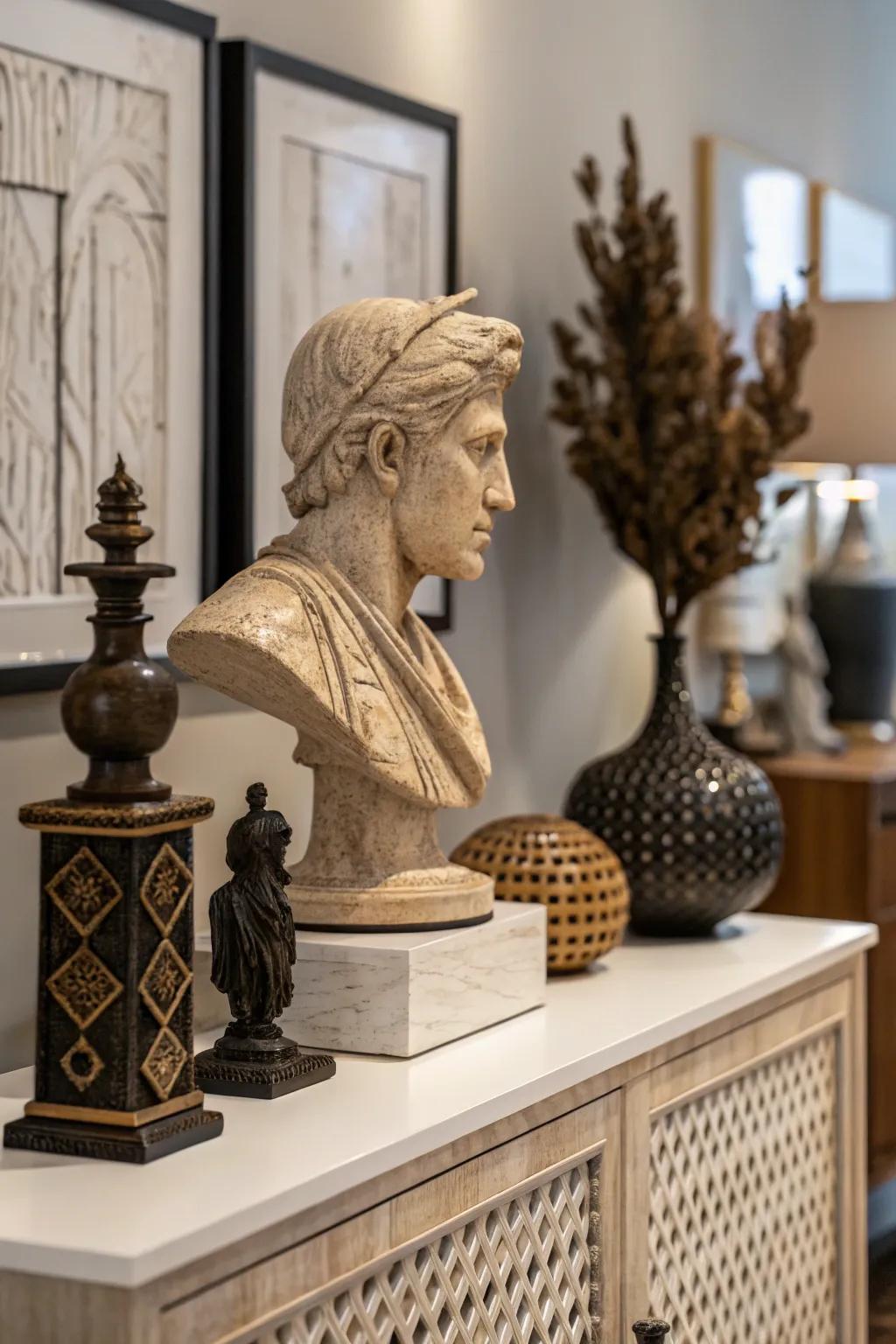 An artistic vignette with sculptures and art.