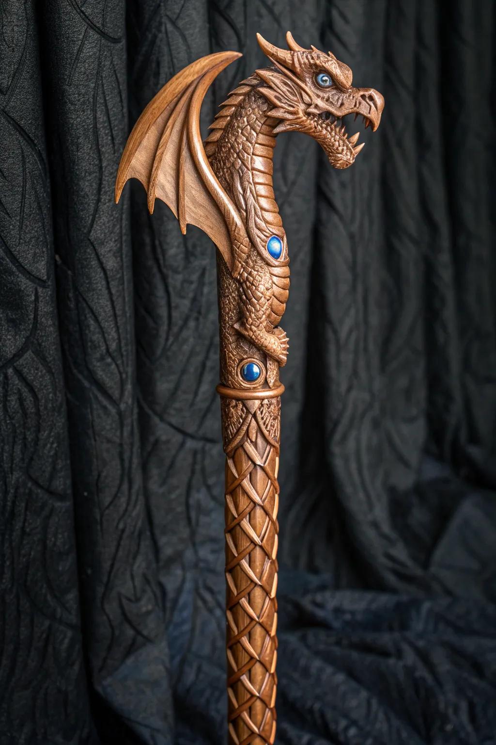 Unleash your creativity with a dragon-carved walking stick that bridges reality and fantasy.