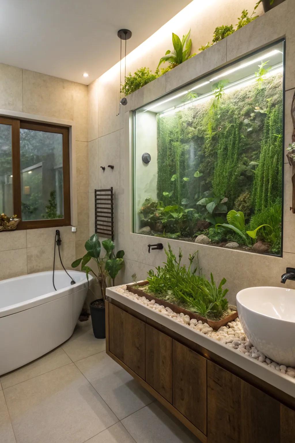 A bathroom transformed into a tranquil oasis with unique aquatic wall terrariums.