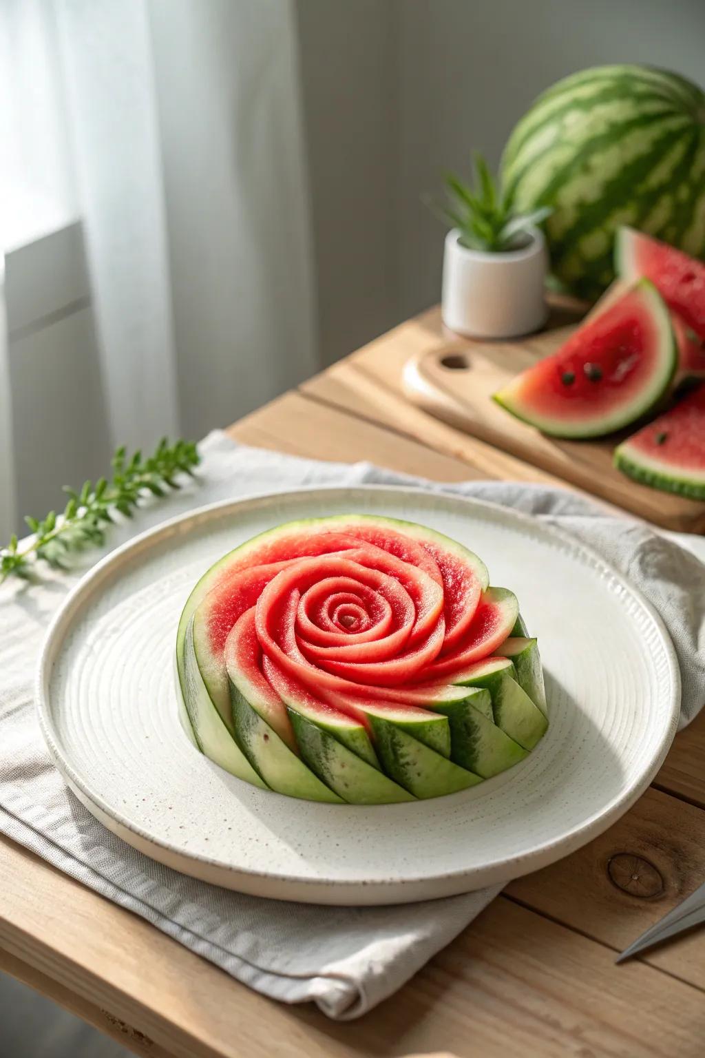 Elevate your fruit presentation with stunning watermelon spiral slices. A perfect blend of minimalist elegance and bold color.