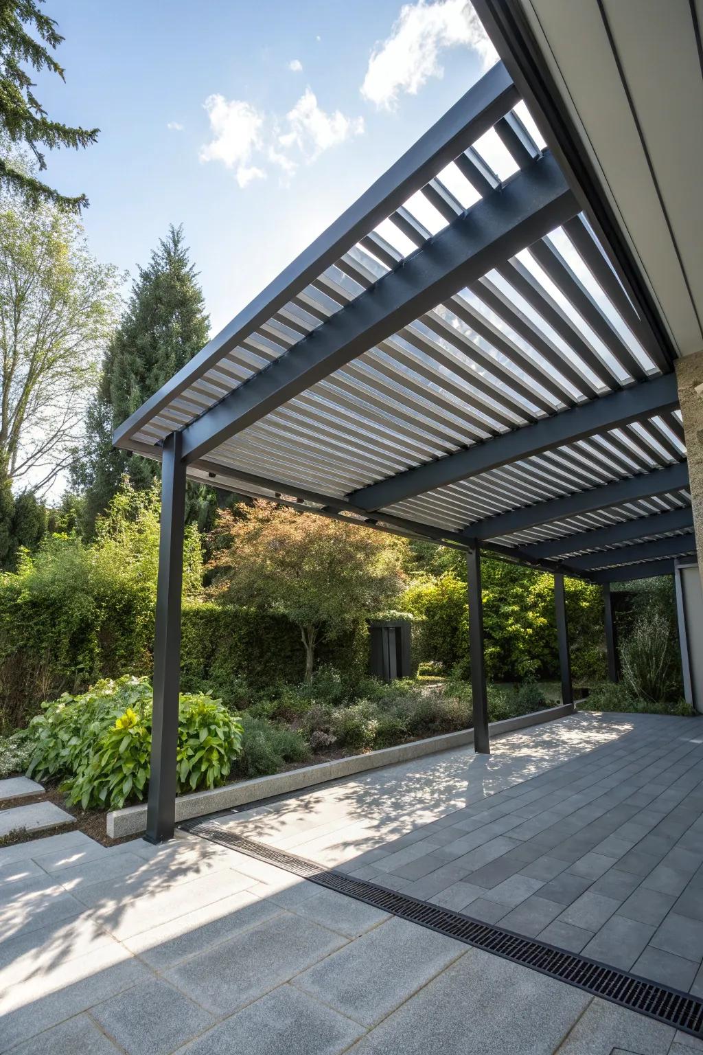 Elevate your outdoor space with industrial charm: a sleek, durable metal pergola roof.