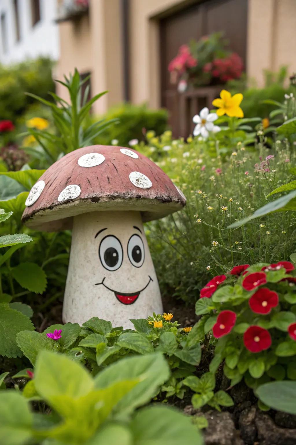 A mushroom with a face adds whimsy to any garden or plant display.