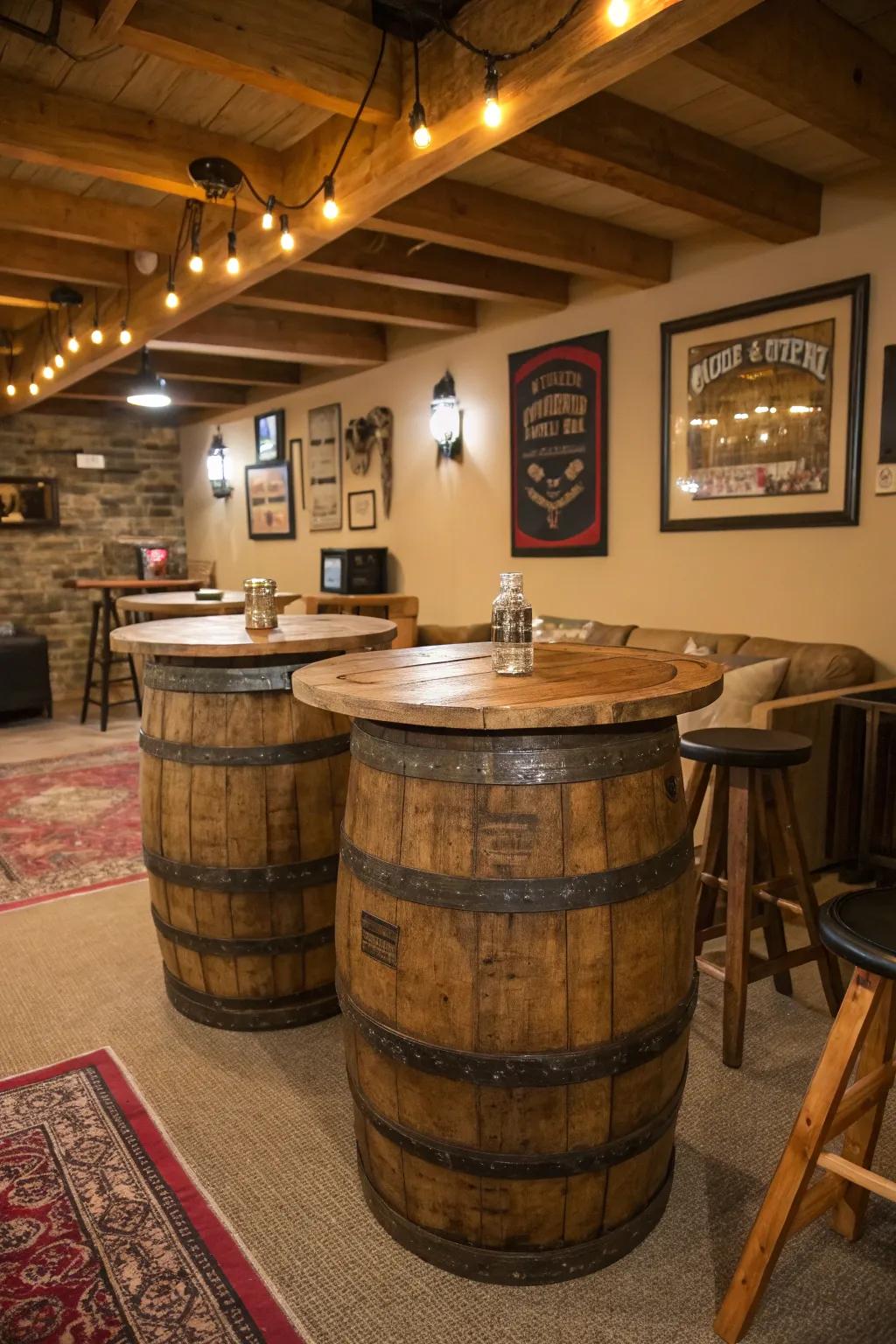 Whiskey barrels bring rustic charm.