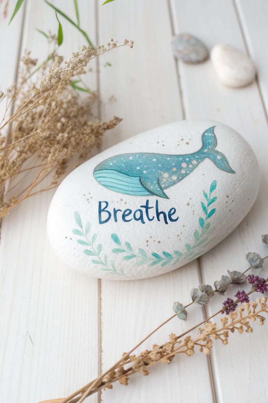 Add a touch of tranquility to your space with this beautifully crafted whale rock art, reminding you to 'breathe' and embrace simplicity.