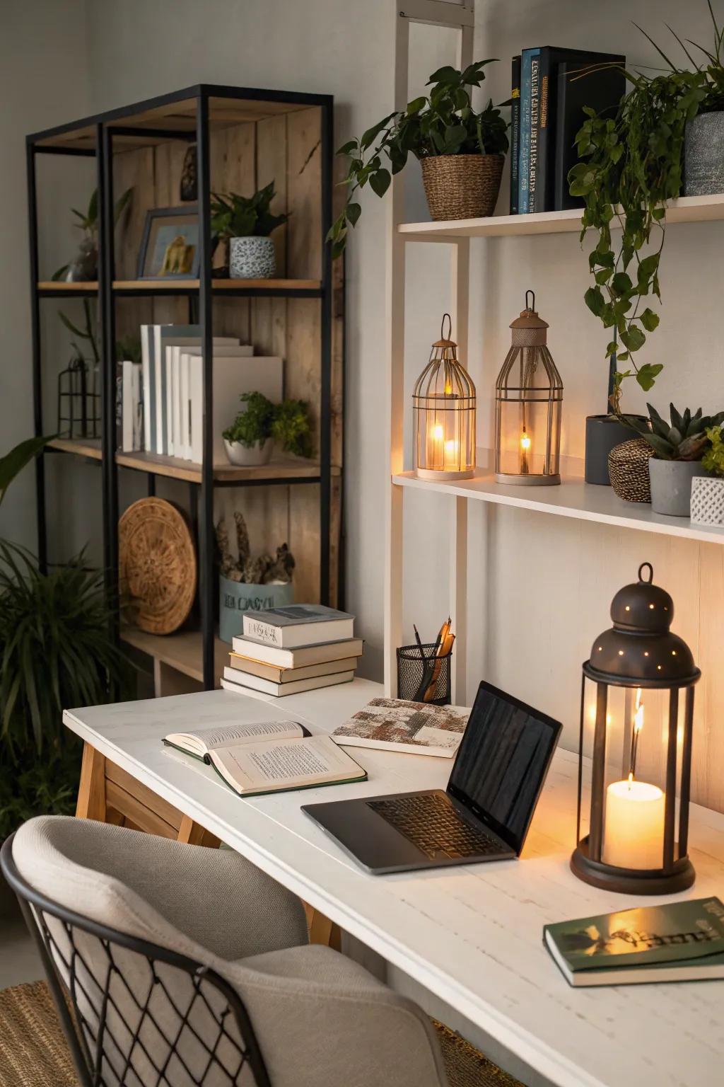 Enhance your productivity with a calming workspace lit by lanterns.