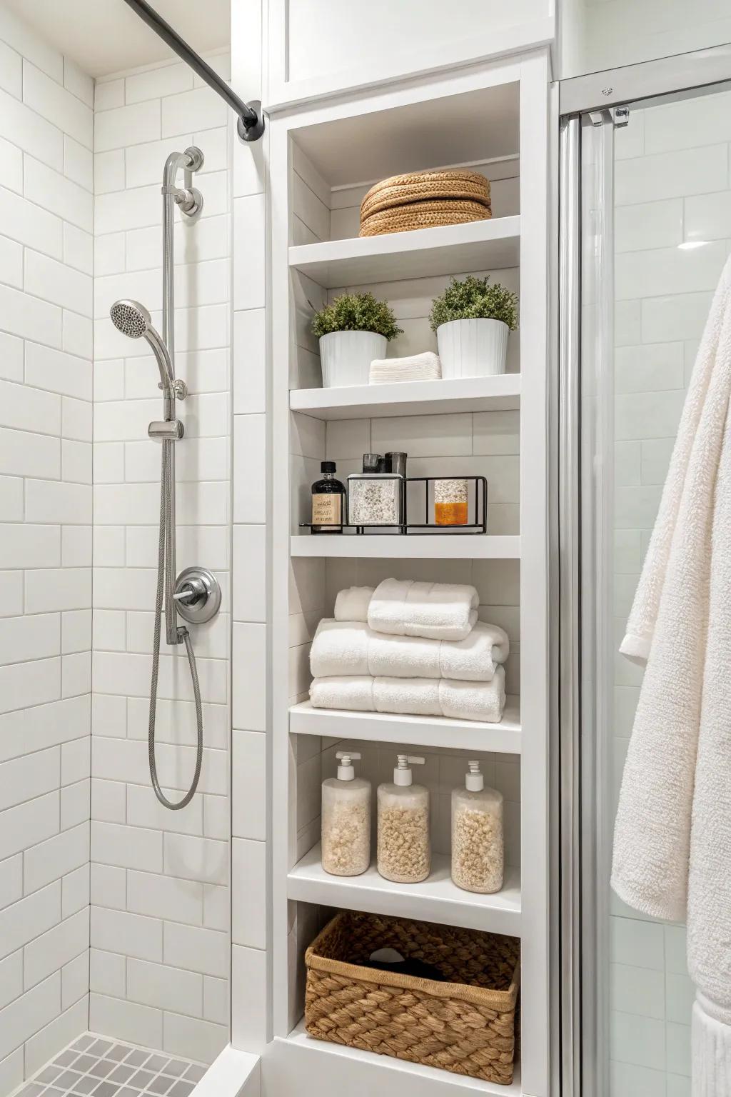 Built-in shelves blend functionality with style in a white shower.