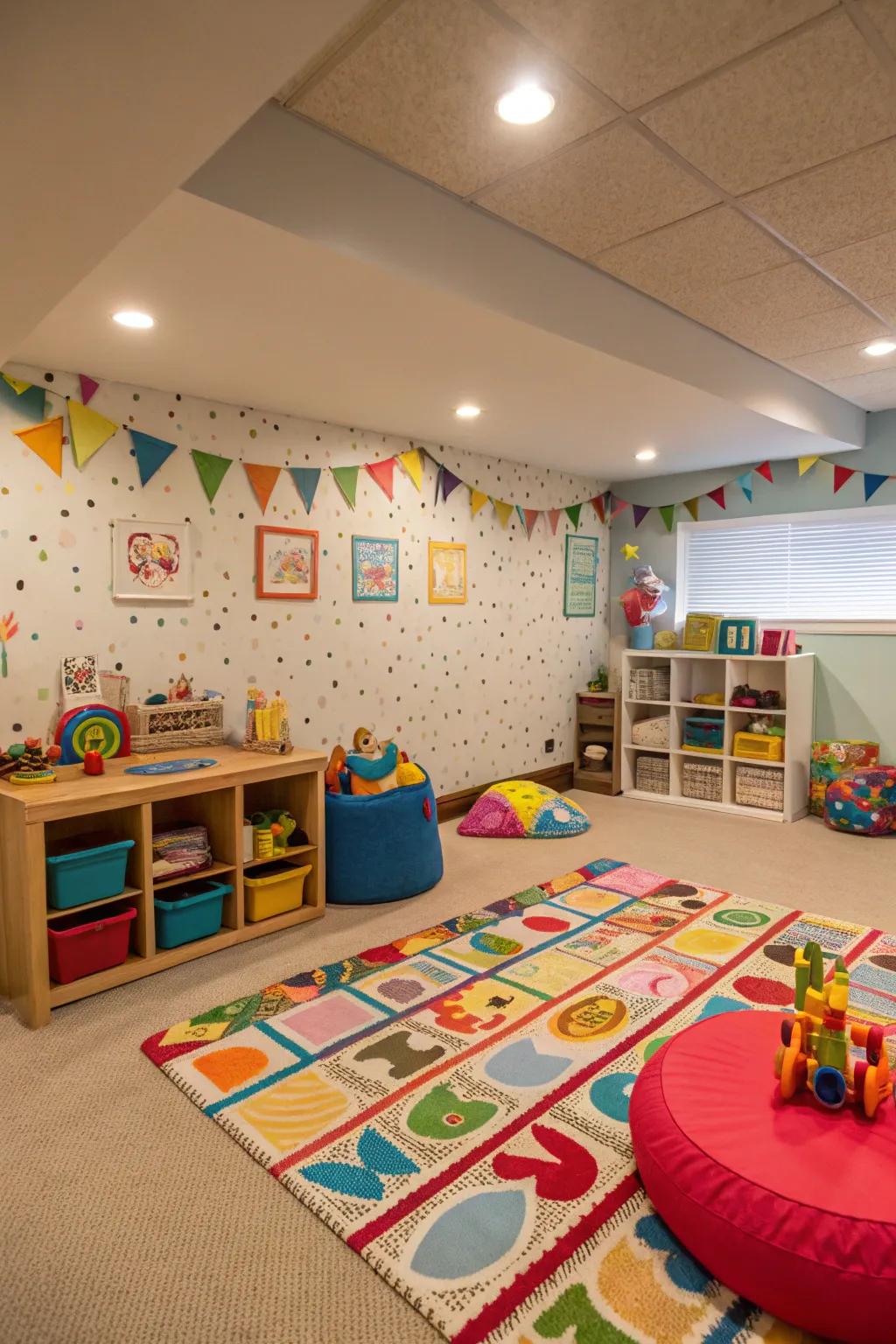 A playful kids' area provides a fun, safe space in the basement.