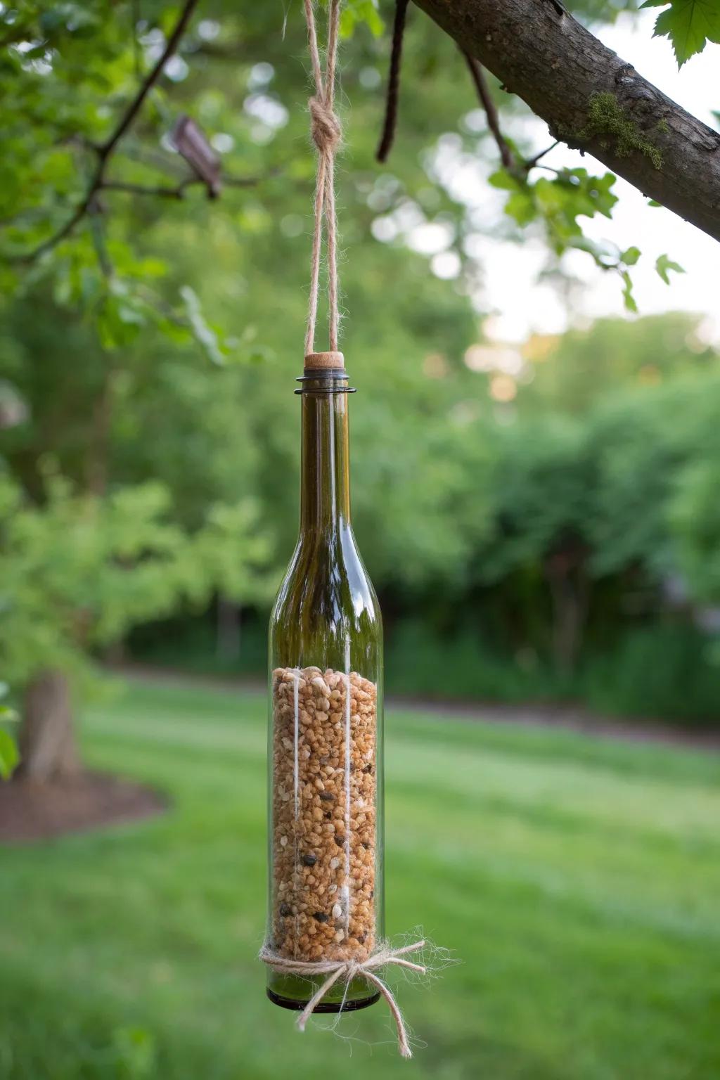 Transform your garden with a touch of natural elegance: a wine bottle bird feeder that invites nature's beauty to your doorstep.