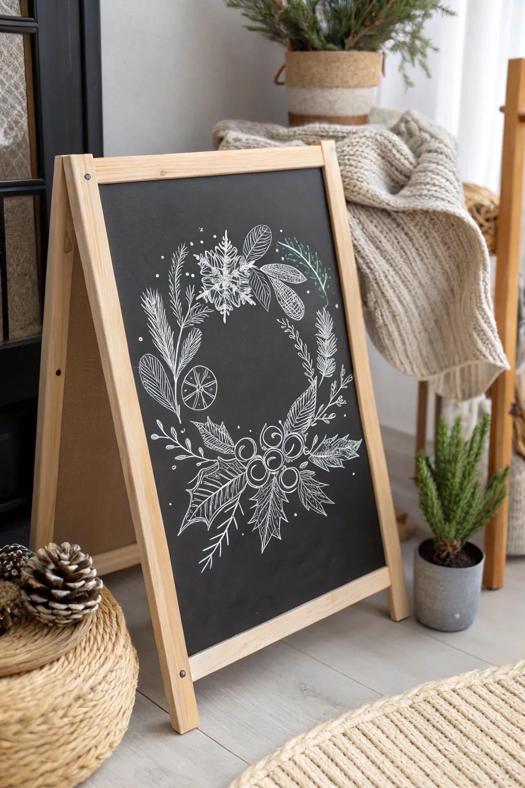 Embrace winter's elegance with a handcrafted chalkboard wreath that warms up your space with simplicity and charm.
