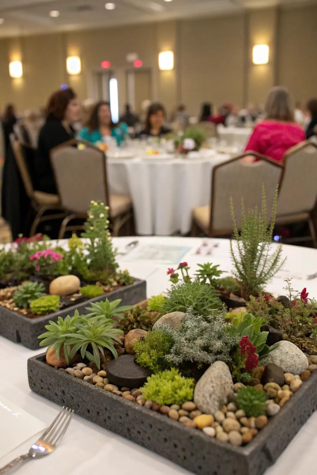 Mini gardens add charm and conversation starters.